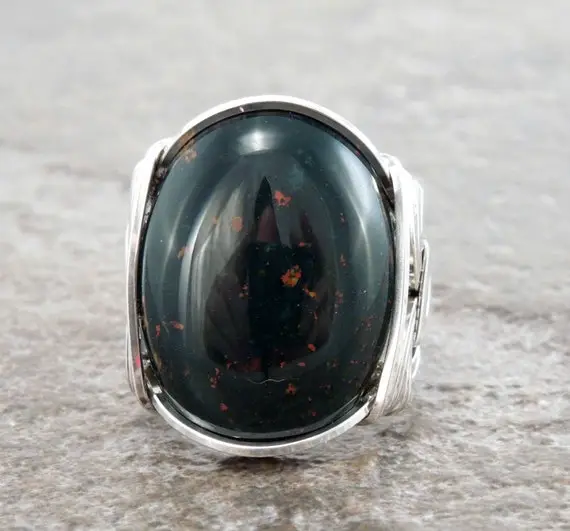 Large Heliotrope Bloodstone Sterling Silver Wire Wrapped Ring