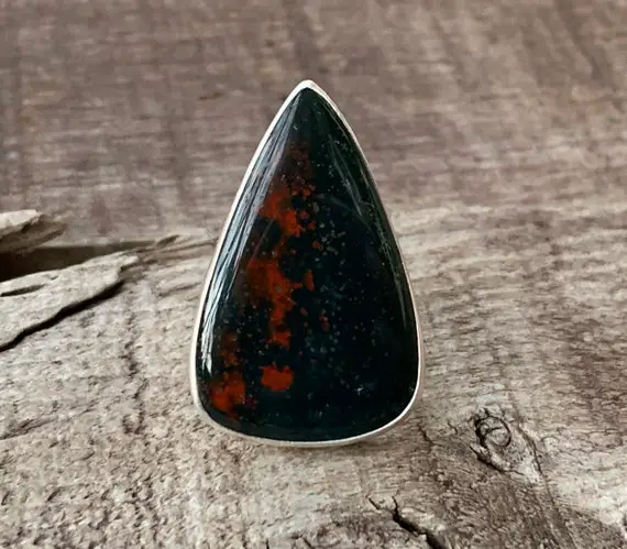 Teardrop Red Black Bloodstone Unique Chunky Sterling Silver Statement Ring | March Birthstone Ring | Edgy Goth Boho | Bloodstone Ring