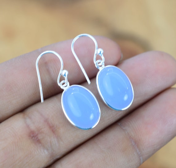 Blue Chalcedony 925 Sterling Silver 1 Pair Hook Earring