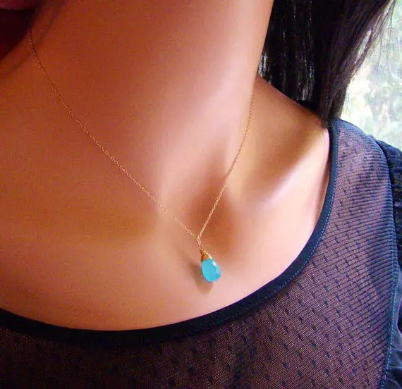 Neon Blue Pendant. Blue Chalcedony Gold Chain Necklace. Layered Necklace. Gemstone Pendant