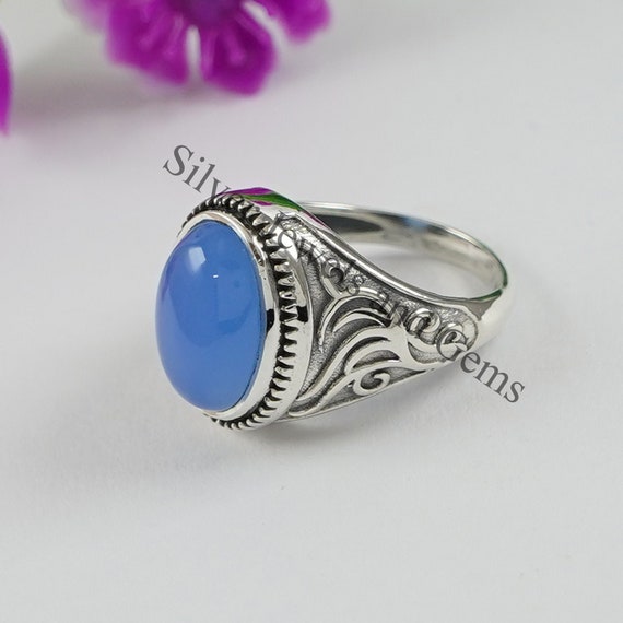 Blue Chalcedony Ring, 925 Sterling Silver Blue Gemstone Ring, Gift For Girls, Handmade Ring, Oval Chalcedony Ring, Sagittarius Birthstone