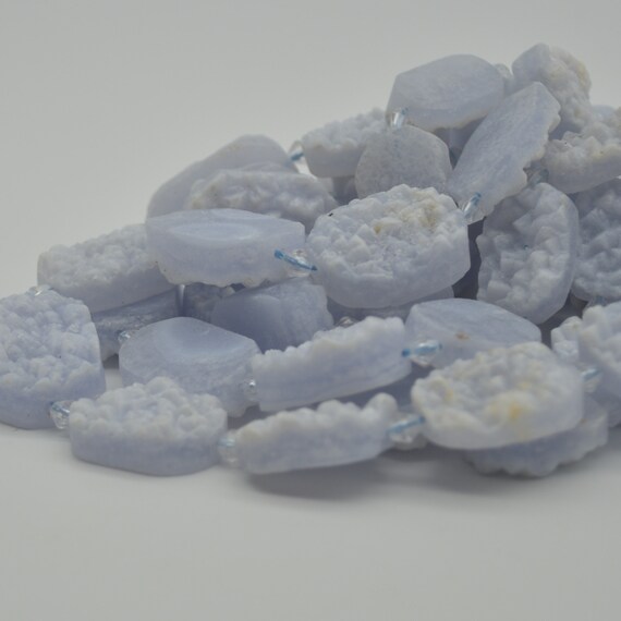 Raw Natural Blue Lace Agate Semi-precious Gemstone Rectangle / Oval Nugget Beads - 15" Strand