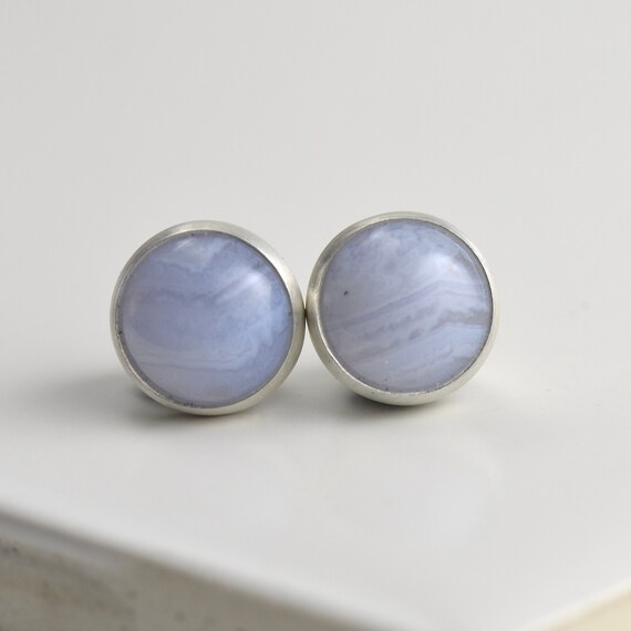 Blue Lace Agate 8mm Sterling Silver Stud Earrings Pair