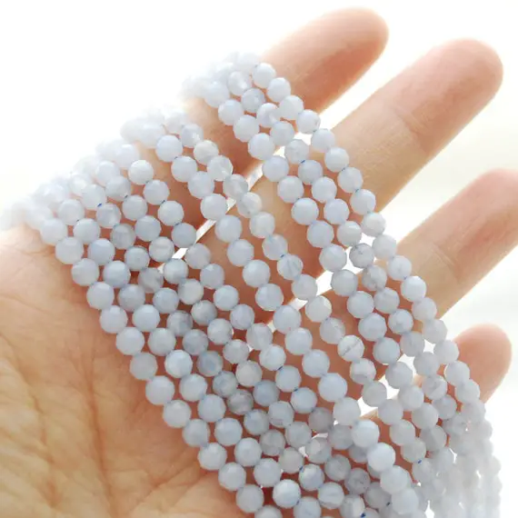 Natural Blue Lace Agate Semi-precious Gemstone Faceted Round Beads - 4mm - 15" Strand