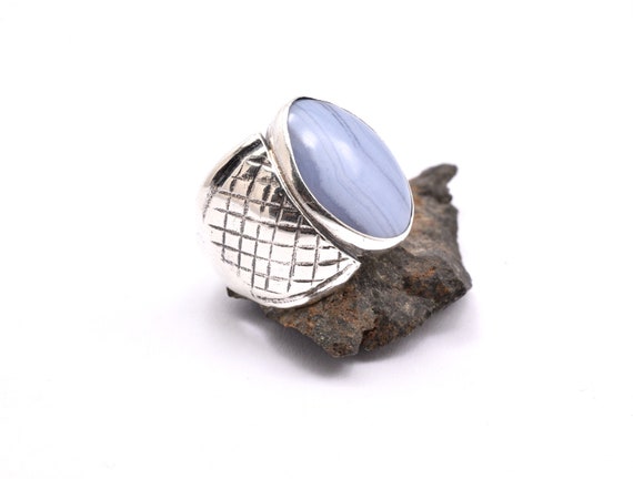 Silver Blue Lace Agate Ring Sterling Silver Women's  Size 7 Oval Light Blue Gemstone  Artisan Jewelry