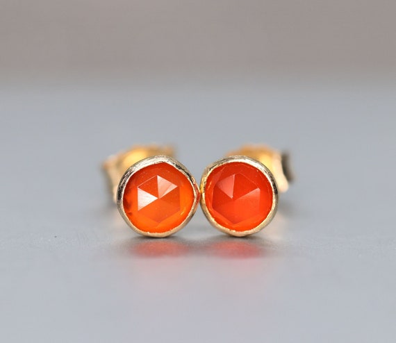 Orange Carnelian Stud Earrings, July Birthstone, Gold Filled / Silver Post Earrings, Minimalist Vibrant Colour Studs, Stone For Creativity