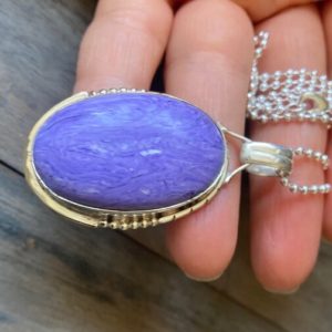 Violet Charoite necklace in sterling silver, purple blue stone, rare to find, unique gemstone, periwinkle jewelry. | Natural genuine Charoite necklaces. Buy crystal jewelry, handmade handcrafted artisan jewelry for women.  Unique handmade gift ideas. #jewelry #beadednecklaces #beadedjewelry #gift #shopping #handmadejewelry #fashion #style #product #necklaces #affiliate #ad