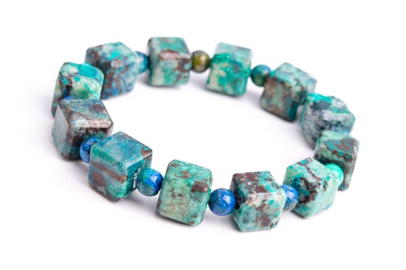 10-11mm Chrysocolla Beads Gray Green Bracelet Grade Aaa Genuine Natural Beveled Edge Faceted Cube Gemstone 8" (118483h-4037)