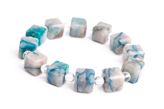 11-12mm Chrysocolla Beads Milky Blue Bracelet Grade A Genuine Natural Beveled Edge Faceted Cube Gemstone 8" (118478h-4037)