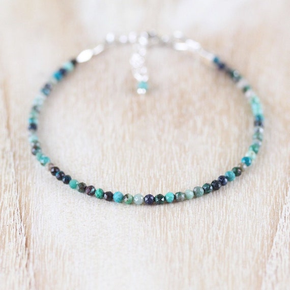 Chrysocolla Dainty Bracelet In Sterling Silver, Gold Or Rose Gold Filled, Skinny Stacking Bracelet, Tiny Beaded Gemstone Jewelry For Women