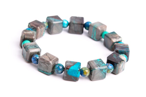 Only One 9-10mm Chrysocolla Beads Gray Green Bracelet Grade Aaa Genuine Natural Beveled Edge Faceted Cube Gemstone 8" (118495h-4037)