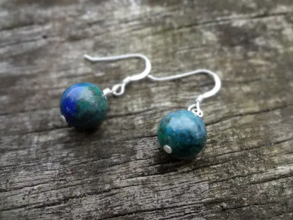 Chrysocolla Earrings. Natural Blue Green Gemstone Dangle And Drop Globe Earrings Handmade By Miss Leroy.