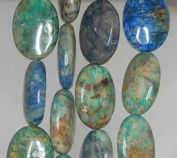 25x18mm Green Blue Chrysocolla Quantum Quattro Gemstone Oval Loose Beads 7.5 Inch Half Strand (90188514-676)