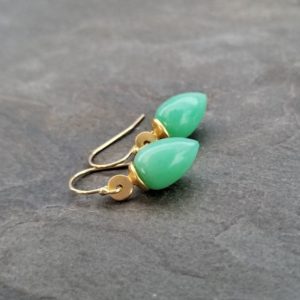 Shop Chrysoprase Earrings! Chrysoprase inverted teardrop dangle earrings, vibrant green gemstone drops, satin gold finish | Natural genuine Chrysoprase earrings. Buy crystal jewelry, handmade handcrafted artisan jewelry for women.  Unique handmade gift ideas. #jewelry #beadedearrings #beadedjewelry #gift #shopping #handmadejewelry #fashion #style #product #earrings #affiliate #ad
