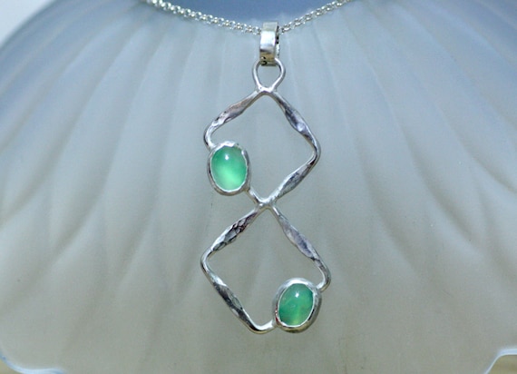 Double Squares Natural Chrysoprase Pendant In Solid Sterling Silver , No Chain