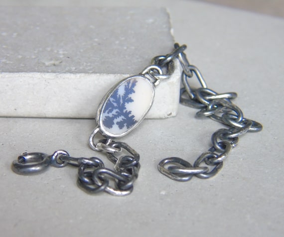 Dendritic Agate Bracelet, Hand Forged Sterling Silver Chain, Natural Scenic Agate, Oxidized Silver, Ooak