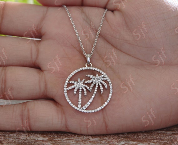 14k Solid Yellow Gold Palm Tree Pendant With Diamonds, Palm Tree Necklace, Beach Pendant & Necklace, Tree Necklace, Necklace For Gift