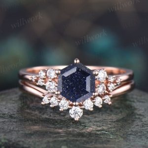 Shop Diamond Jewelry! Hexagon cut blue sandstone ring gold silver vintage snowdrift engagement ring set unique engagement ring diamond bridal ring set for women | Natural genuine Diamond jewelry. Buy handcrafted artisan wedding jewelry.  Unique handmade bridal jewelry gift ideas. #jewelry #beadedjewelry #gift #crystaljewelry #shopping #handmadejewelry #wedding #bridal #jewelry #affiliate #ad