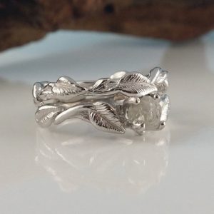 Leaf, Twig and Vine Uncut Rough Diamond Wedding Ring Set, Twig and Branch Style Bridal Ring Set in Solid Gold by Dawn Vertrees | Natural genuine Array rings, simple unique alternative gemstone engagement rings. #rings #jewelry #bridal #wedding #jewelryaccessories #engagementrings #weddingideas #affiliate #ad