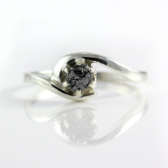 Raw Rough Diamond Ring In Silver - Six Prongs Setting, Large Size - Black Diamond Ring Swirl Design - Engagement, Promise Ring