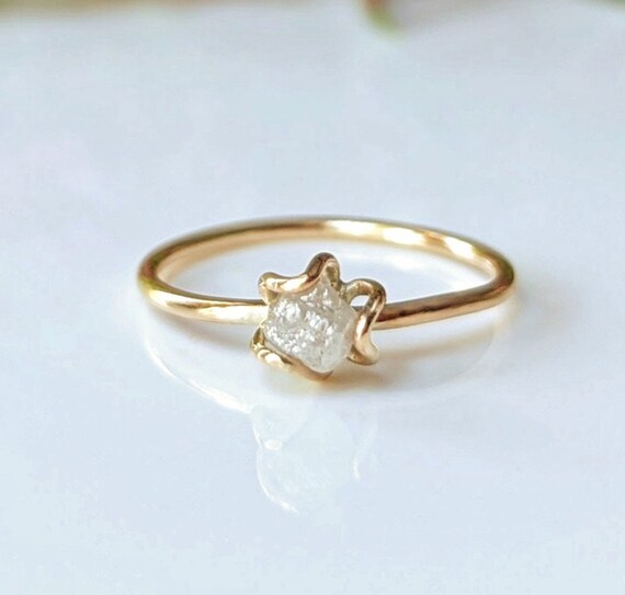 Raw Diamond Ring, Diamond Solitaire Ring, Rough Diamond Ring, Solid 14k Gold Diamond Ring Diamond Flower Ring Unique Diamond Engagement Ring