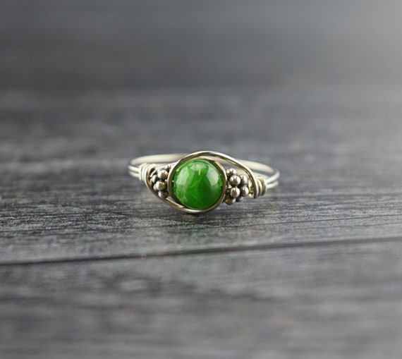Sterling Silver Chrome Diopside Bali Bead Ring