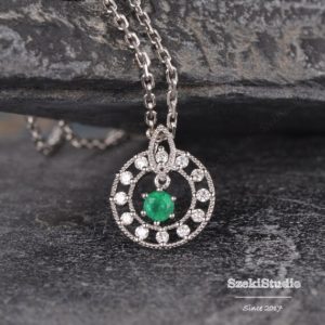 Shop Emerald Pendants! Natural Emerald Necklace Pendant Yellow Gold Diamond Halo Charm Antique Birthstone Pendant Gold Anniversary Women Unique Bridal Gift For Her | Natural genuine Emerald pendants. Buy handcrafted artisan wedding jewelry.  Unique handmade bridal jewelry gift ideas. #jewelry #beadedpendants #gift #crystaljewelry #shopping #handmadejewelry #wedding #bridal #pendants #affiliate #ad