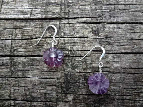 Purple Fluorite Flower Earrings. Natural Fuschia Flower Gemstone Earrings Handmade By Miss Leroy