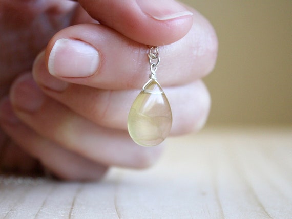 Yellow Fluorite Necklace . Natural Gemstone Teardrop Necklace In Sterling Silver . Yellow Crystal Necklace For Women