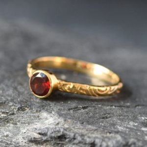 Gold Garnet Ring, Embossed Band, Red Boho Ring, Natural Garnet, Stackable Ring, Gold Plated Ring, January Birthstone, Bohemian Band, Vermeil | Natural genuine Gemstone rings, simple unique handcrafted gemstone rings. #rings #jewelry #shopping #gift #handmade #fashion #style #affiliate #ad