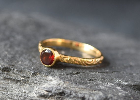 Gold Garnet Ring, Embossed Band, Red Boho Ring, Natural Garnet, Stackable Ring, Gold Plated Ring, January Birthstone, Bohemian Band, Vermeil