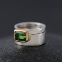 Green Tourmaline Engagement Ring In 18k Yellow And White Gold With Matching Wedding Band | Natural genuine Gemstone jewelry. Buy handcrafted artisan wedding jewelry.  Unique handmade bridal jewelry gift ideas. #jewelry #beadedjewelry #gift #crystaljewelry #shopping #handmadejewelry #wedding #bridal #jewelry #affiliate #ad