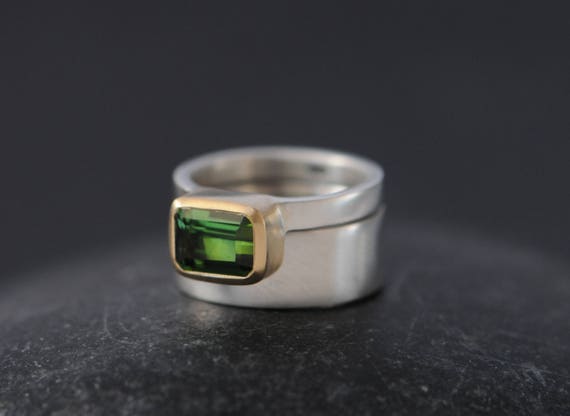 Green Tourmaline  Ring In 18k Gold, Green Gem Wedding Set