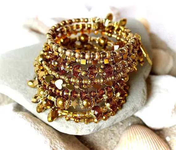 Gold Cuff, Gold Hematite Bracelet, Gold Bead Bracelet, Gold Crystal Bracelet, Gold Multistrand Bracelet, Gold Chunky Bracelet, Crystal Cuff