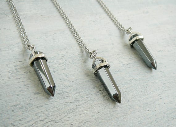 Hematite Necklace Hematite Pendant Long Silver Necklace Pendant Gray Stone Bullet Necklace For Men Women Hematite Crystal Necklace Jewelry