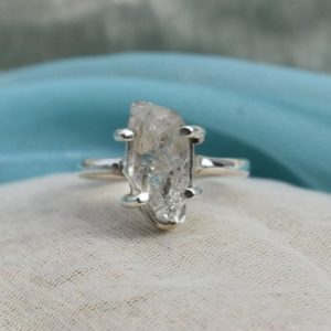 Shop Herkimer Diamond Rings! Raw Herkimer Diamond Ring, 925 Sterling Silver Ring, White Crystal Gemstone, Single Band Ring, Gift For Mom Sis, 4 Prong Set, Sale | Natural genuine Herkimer Diamond rings, simple unique handcrafted gemstone rings. #rings #jewelry #shopping #gift #handmade #fashion #style #affiliate #ad