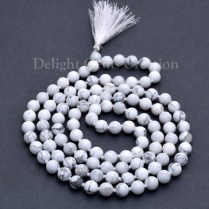 Howlite 108 Beads Mala Necklace, 8mm Howlite Smooth Round Beads, Tassel Necklace, Meditation Mala, Japa Mala, Handmade Knotted Beads Mala | Natural genuine Gemstone necklaces. Buy crystal jewelry, handmade handcrafted artisan jewelry for women.  Unique handmade gift ideas. #jewelry #beadednecklaces #beadedjewelry #gift #shopping #handmadejewelry #fashion #style #product #necklaces #affiliate #ad