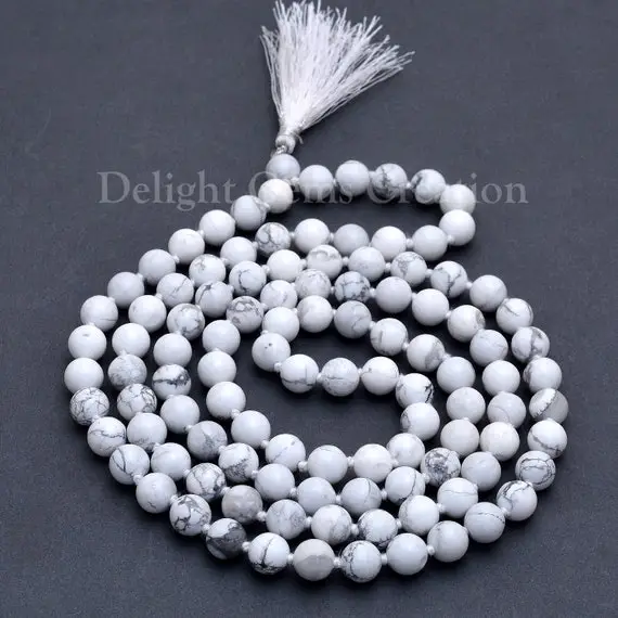 Howlite 108 Beads Mala Necklace, 8mm Howlite Smooth Round Beads, Tassel Necklace, Meditation Mala, Japa Mala, Handmade Knotted Beads Mala