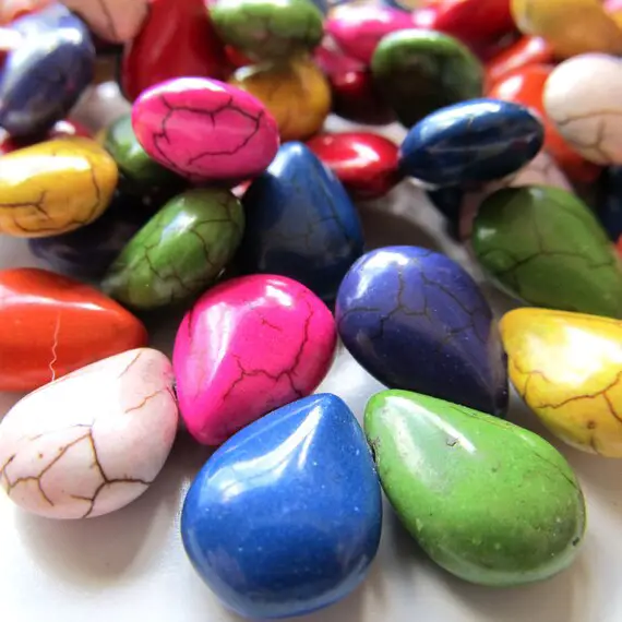 Howlite Beads 15 X 10mm Candy Colored Shiny Smooth Teardrop Briolettes - 12 Pieces