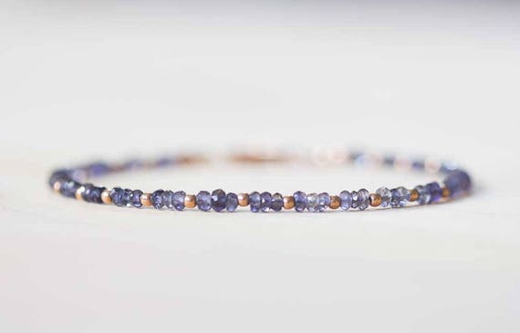 Delicate Iolite Bracelet With Rose Gold Fill Or Sterling Silver, Delicate Gemstone Beaded Stacking Bracelet, Iolite Jewelry, Blue Gemstone
