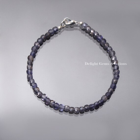 Natural Iolite Faceted Cube Beads Bracelet, 4mm Iolite Gemstone Beaded Bracelet, Iolite Beads Jewelry, Gift For Her, Women's Bracelet
