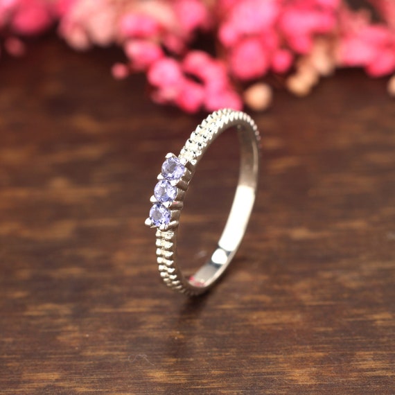 Dainty Iolite Stacking Ring Silver-three Stone Minimalist Thin Ring-tiny Stone Engagement Ring-art Deco Promise Ring-delicate Eternity Band