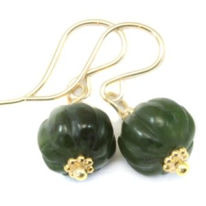 Shop Jade Earrings! Nephrite Green Jade Earrings Carved Round Pumpkin Shape Smooth Sterling Silver or 14k Solid Gold or Filled Swirl Dainty Simple Lightweight | Natural genuine Jade earrings. Buy crystal jewelry, handmade handcrafted artisan jewelry for women.  Unique handmade gift ideas. #jewelry #beadedearrings #beadedjewelry #gift #shopping #handmadejewelry #fashion #style #product #earrings #affiliate #ad