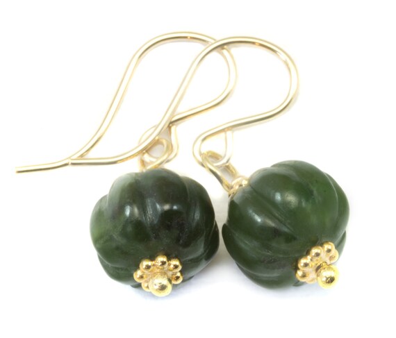 Nephrite Green Jade Earrings Carved Round Pumpkin Shape Smooth Sterling Silver Or 14k Solid Gold Or Filled Swirl Dainty Simple Lightweight