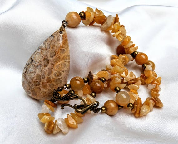 Genuine Ancient Fossil Pendant & Golden Jade Necklace. Ultra Long Length. Natural Gemstone Jewelry In Tawny Brown/tan And White.