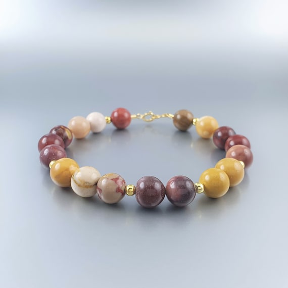 Jasper Bracelet With Gold Unique Gift For Her Multi Color Natural Bead Gemstone Autumn Colors Red Yellow Brown Cream White Friendship Gift