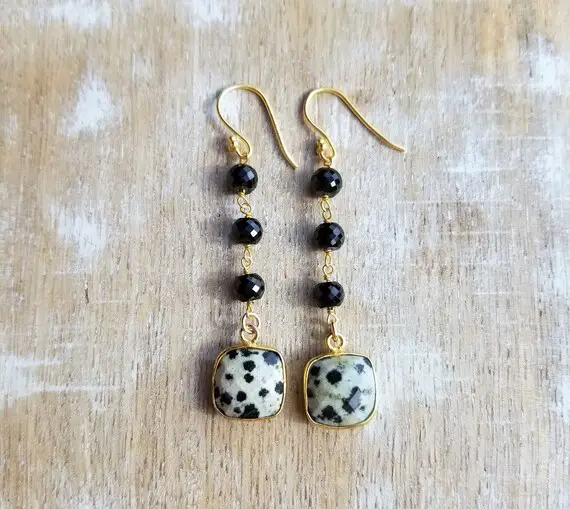 Dalmatian Jasper Earrings, Dalmatian Jasper Jewelry, Animal Print Jewelry, Long Black Dangle Earrings, Handmade Earrings, Spotted Jasper