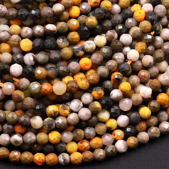Faceted Natural Bumble Bee Jasper 2mm 3mm 4mm Beads Micro Diamond Cut Gemstone 15.5" Strand