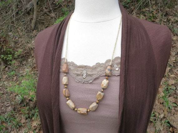 Long Brown Stone Necklace, Adjustable Neutral Beige Taupe Cream Jasper Bead Necklace