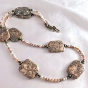 Shop Jasper Necklaces! Statement Picasso jasper & "red turquoise" marble necklace | Peach pink, brown, white gemstone jewelry | Chunky, boho design | 26" length | Natural genuine Jasper necklaces. Buy crystal jewelry, handmade handcrafted artisan jewelry for women.  Unique handmade gift ideas. #jewelry #beadednecklaces #beadedjewelry #gift #shopping #handmadejewelry #fashion #style #product #necklaces #affiliate #ad
